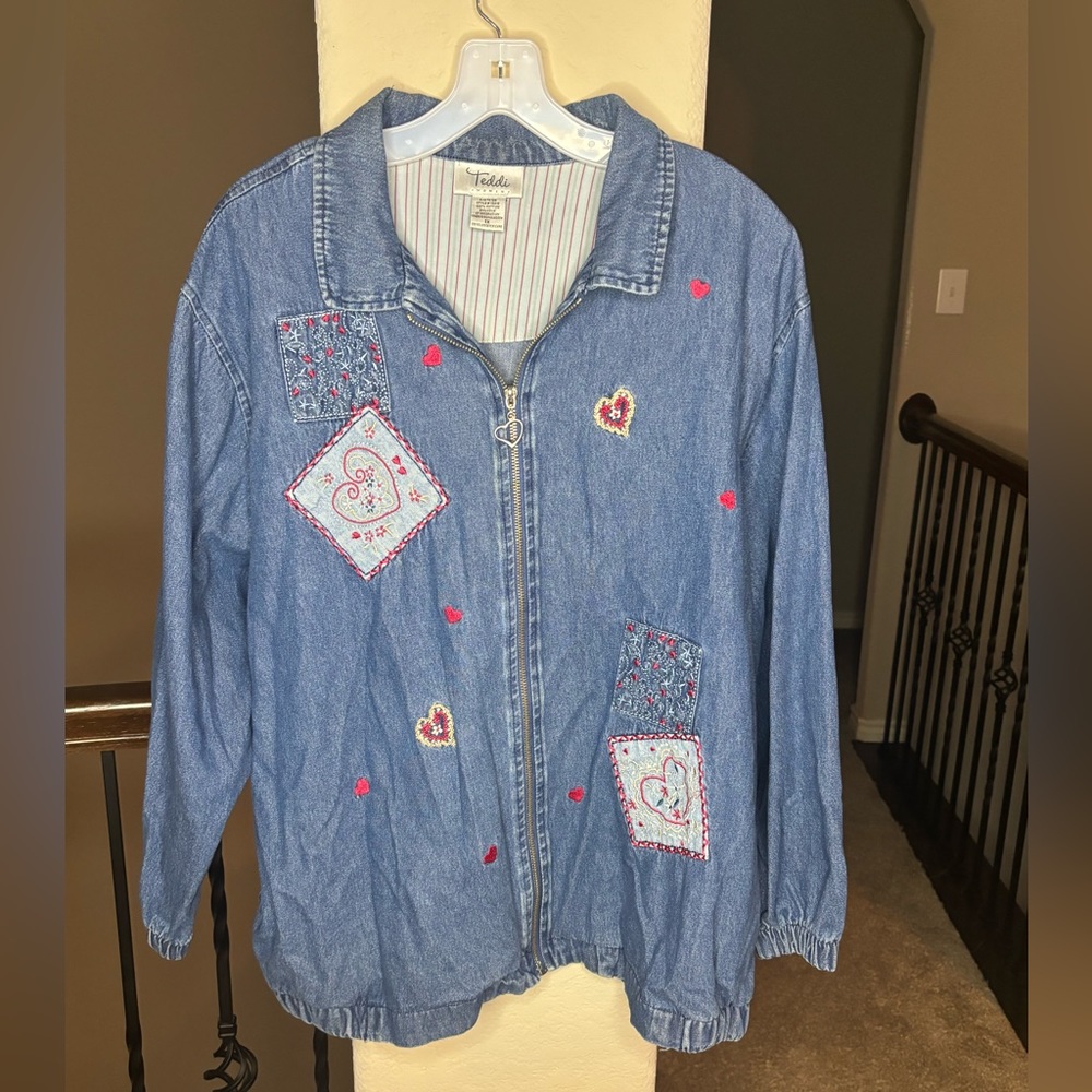 Heart Patchwork Denim Zip Up Jacket 100% Cotton Women Size 1X Style #14012